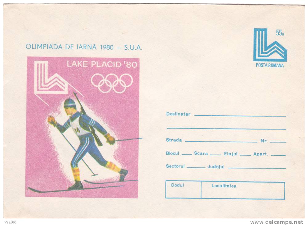 WINTER OLYMPICS, LAKE PLACID, SKI, 1980, COVER STATIONERY, ENTIER POSTAL, UNUSED, ROMANIA - Hiver 1980: Lake Placid