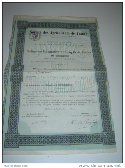 Action/obligation "Société Des Agriculteurs De France",faite à Paris En 1921 - Agriculture