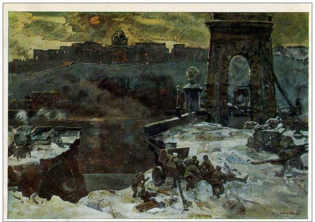 Artist Sibirskiy. Battle At The Széchenyi Chain Bridge (Lánchíd) In WWII - Weltkrieg 1939-45