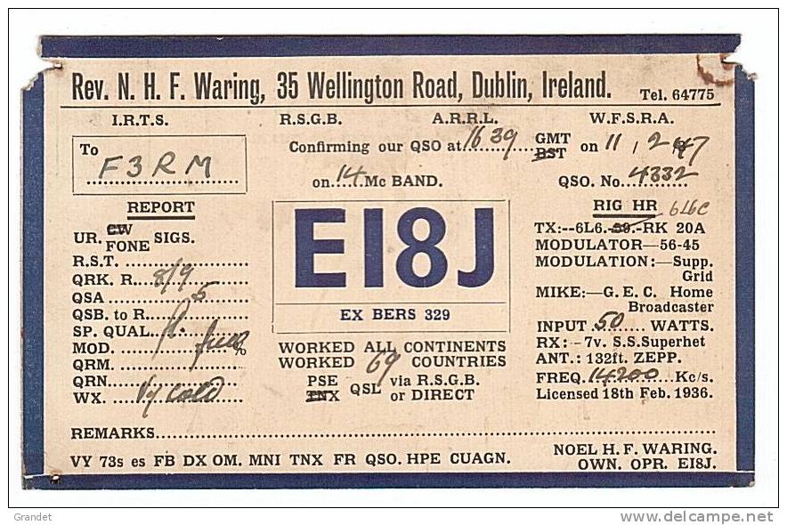 CARTE -  RADIO -  QSL - IRLANDE - DUBLIN - 1947. - Radio Amateur