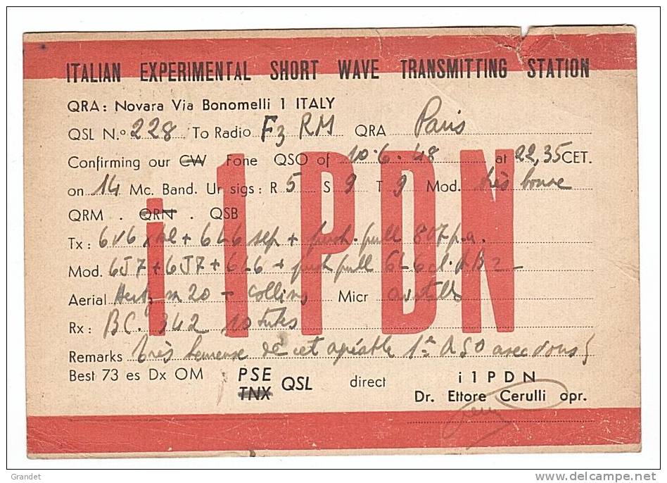 CARTE RADIO - QSL - ITALIE - NOVARA - 1948. - Radio Amateur