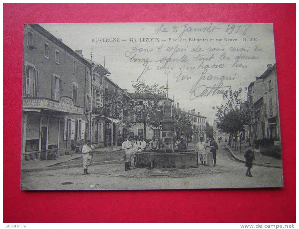 CPA-AUVERGNE-63-LEZOUX-PLACE DES BALMETTES ET RUE NEUVE -ANIMEE MILITAIRES-MAGAZIN / COMMERCE M BRUNEL-CARTE EN BON ETAT - Lezoux