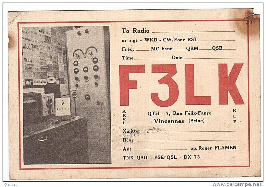 CARTE RADIO QSL - VINCENNES - 1947. - Radio Amateur