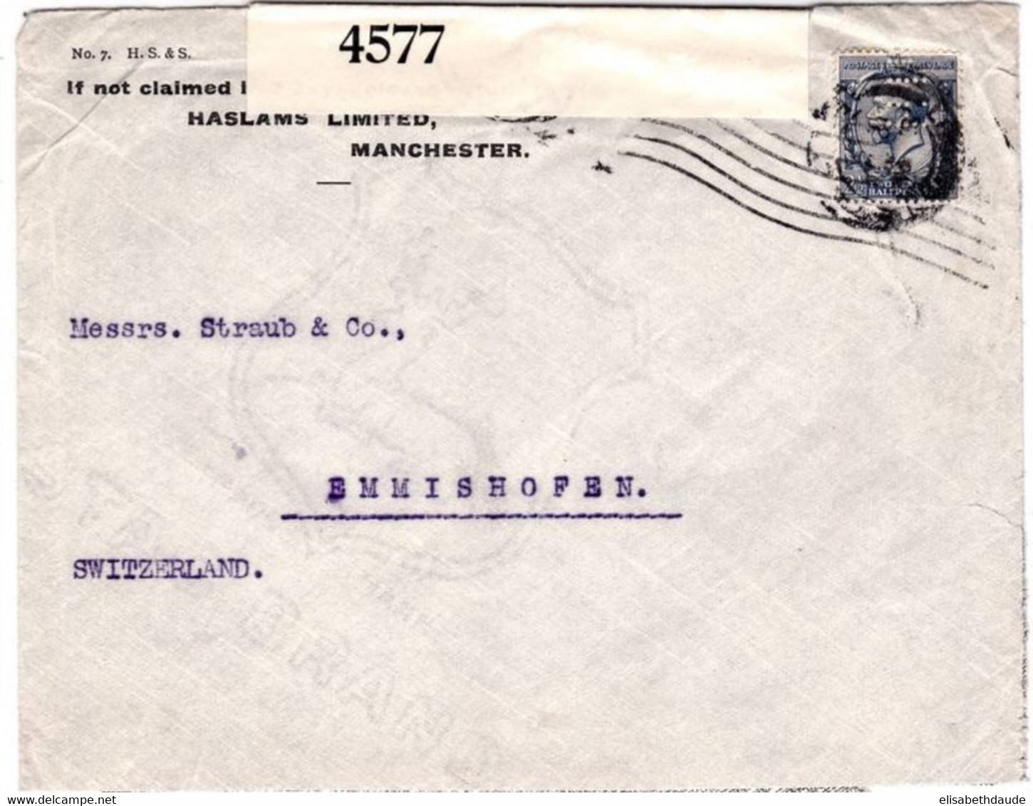 GB - 1917 - ENVELOPPE Avec CENSURE De MANCHESTER Pour EMMISHOFEN - PERFORE De La "HASLAMS LIMITED" - Perfins