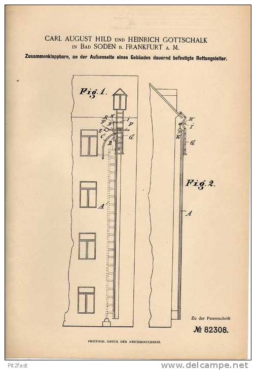 Original Patentschrift - C. Hild In Bad Soden B. Frankfurt , 1894 , Rettungsleiter , Feuerwehr , Rettung !!! - Historische Dokumente