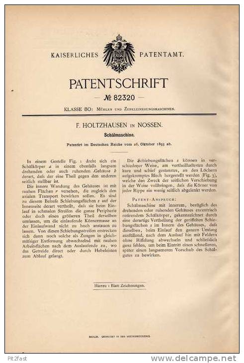 Original Patentschrift -F. Holtzhausen In Nossen , 1893 , Schälmaschine  !!! - Maschinen