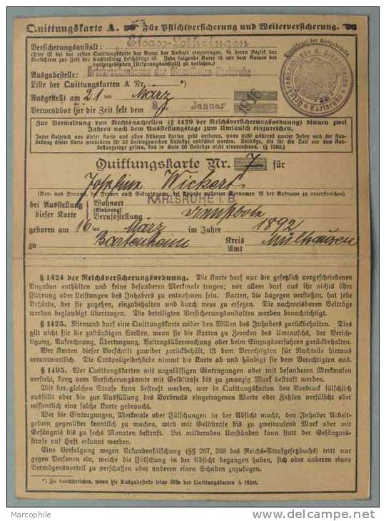 BADEN - KARLSRUHE / 1916 VERSICHERUNGS QUITTUNGSKARTE (ref 2053) - Briefe U. Dokumente