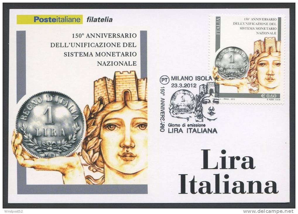 ITALIA - FDC CARTOLINA MAXIMUM CARD 2012 - 150° ANNIVERSARIO LIRA ITALIANA - 274 - Maximum Cards