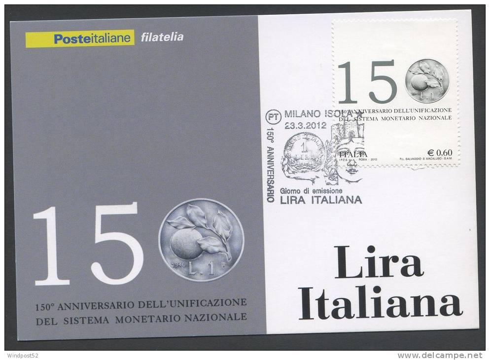 ITALIA - FDC CARTOLINA MAXIMUM CARD 2012 - 150° ANNIVERSARIO LIRA ITALIANA - 275 - Maximum Cards