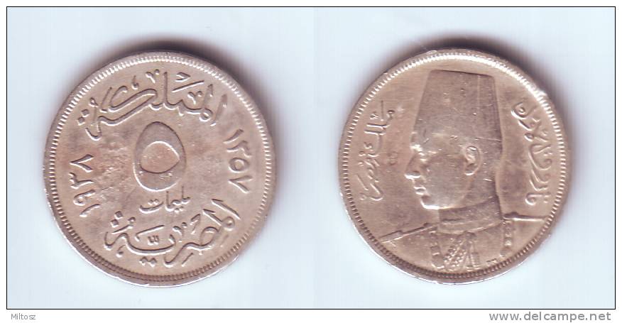 Egypt 5 Milliemes 1938 (1357) King Farouk - Egypte