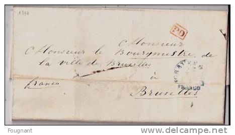 PAYS-BAS:précurseur De 1847:de LA HAYE Pour BRUXELLES.PD Encadré En Rouge+GRAVENHAGE-FRANCE En Bleu.. +texte. - ...-1852 Voorlopers