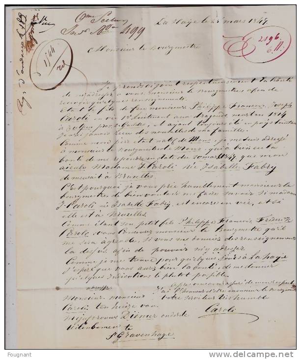 PAYS-BAS:précurseur De 1847:de LA HAYE Pour BRUXELLES.PD Encadré En Rouge+GRAVENHAGE-FRANCE En Bleu.. +texte. - ...-1852 Préphilatélie