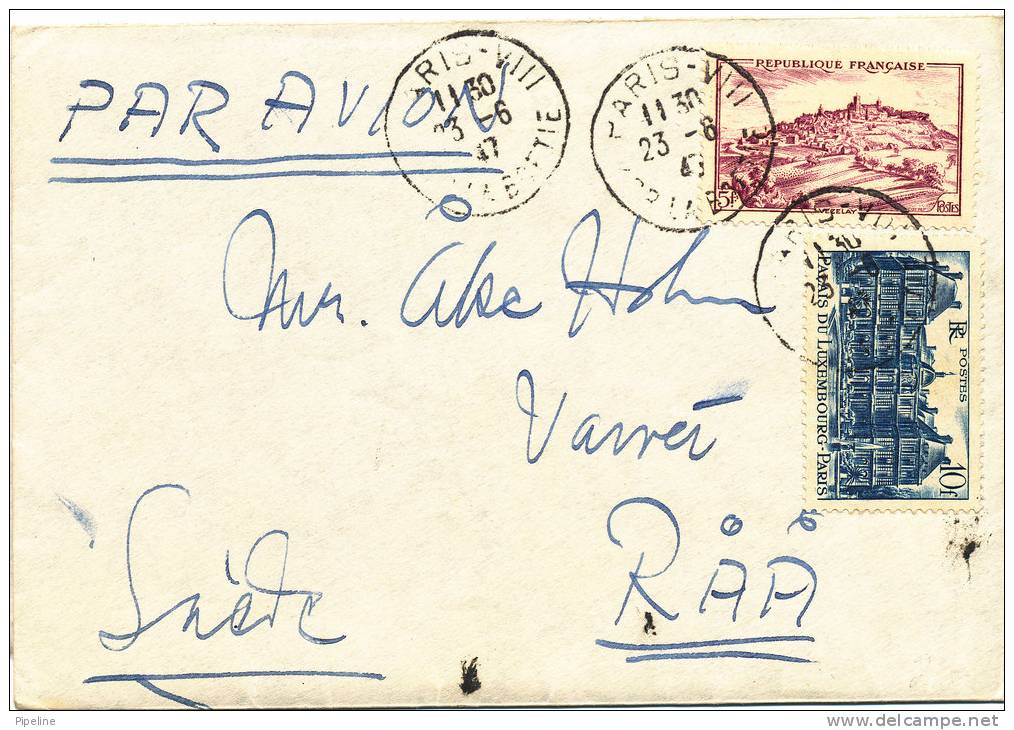 France Cover Sent Air Mail To Sweden Paris 23-8-1947 - Covers & Documents