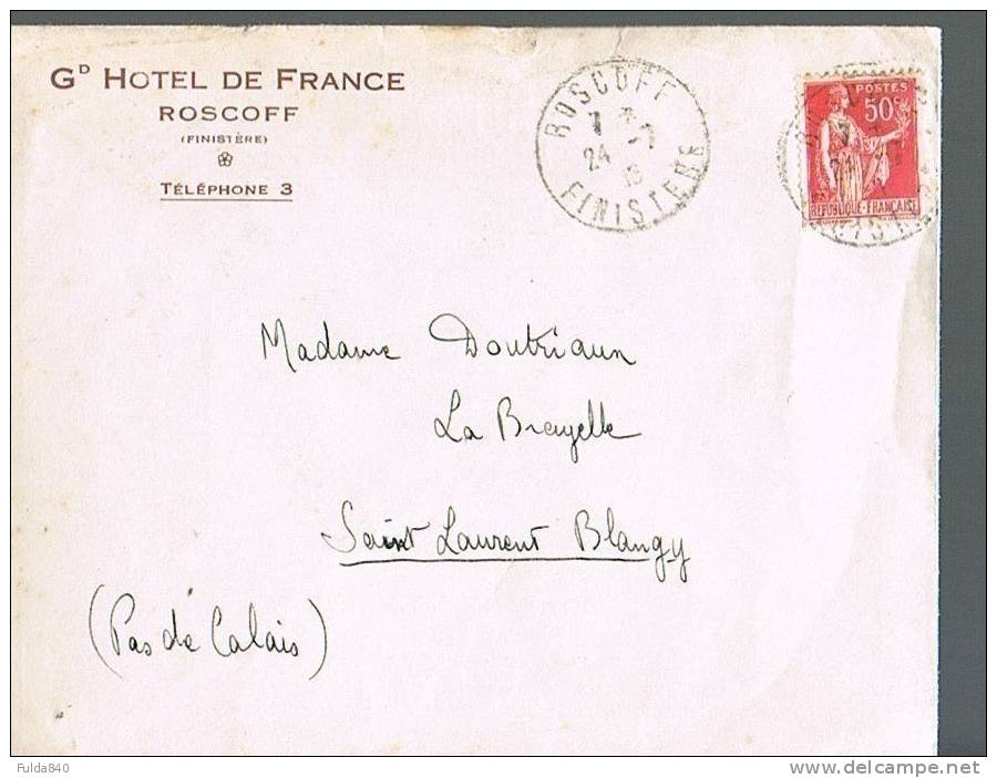 Enveloppe   Avec En Tête *ROSCOFF  Gd Hotêl De France.  1936.* - Autres & Non Classés