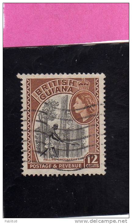BRITISH GUIANA GUYANA BRITANNICA 1954 QUEEN ELIZABETH II PICTORIAL FELLING GREENHEART CENT. 12c USATO USED OBLITERE' - Brits-Guiana (...-1966)
