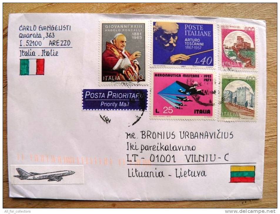 Cover Sent From Italy To Lithuania, 2011, Toscanini Giovanni XXIII Planes Militare Military - 2011-20: Storia Postale