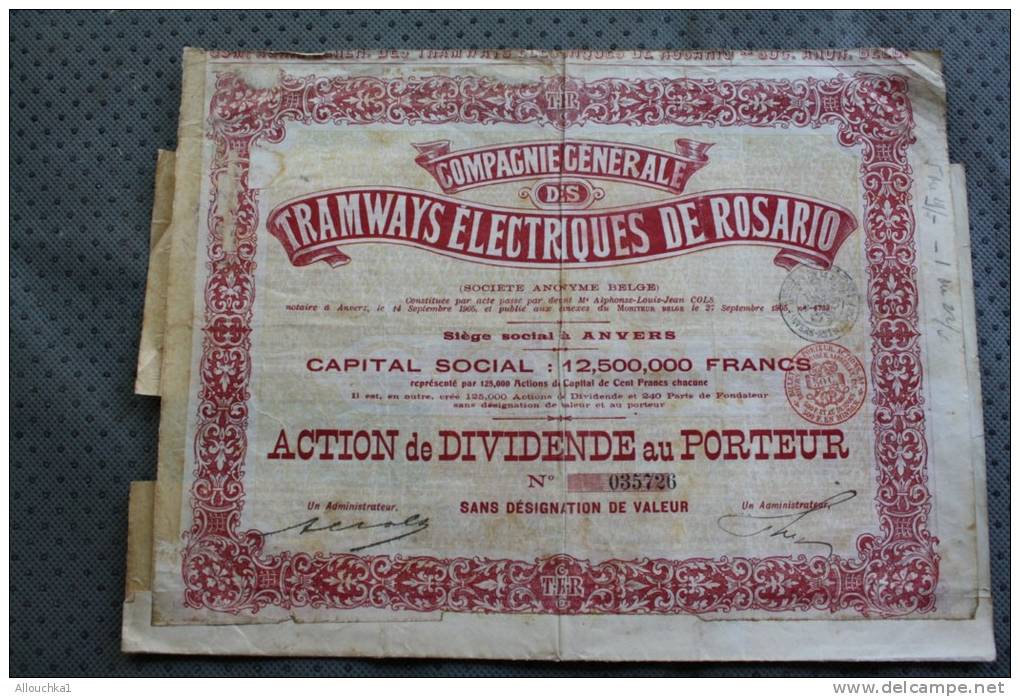 Belgique 1905 Cie Générale Des Tramways électriques De Rosario Action Dividendes Au Porteur Sans Désignation De Valeur - Transportmiddelen