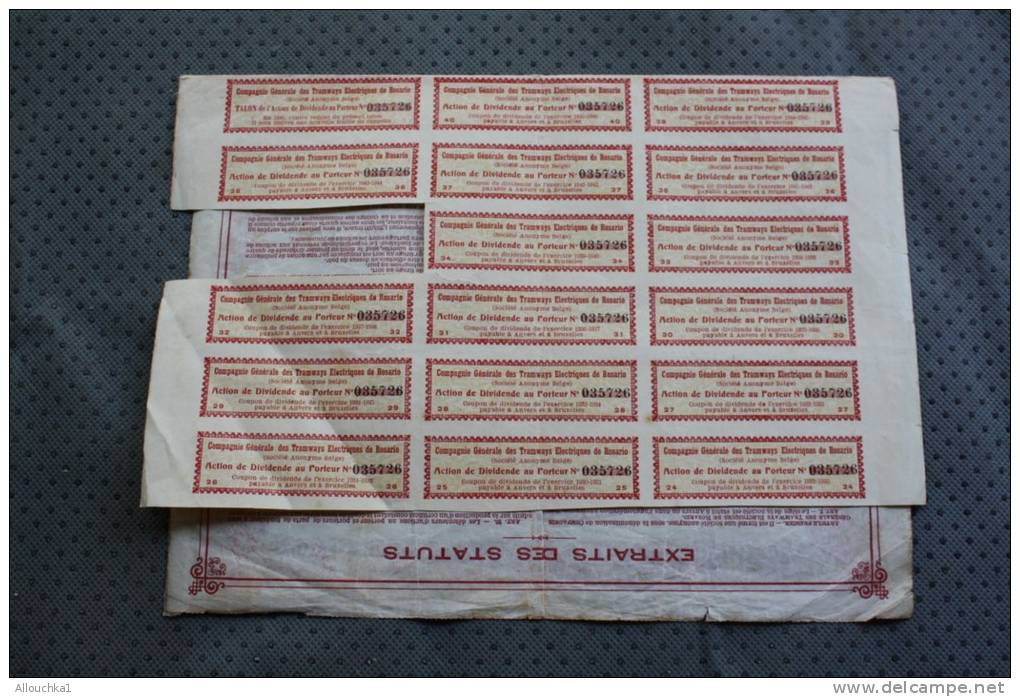 Belgique 1905 Cie Générale Des Tramways électriques De Rosario Action Dividendes Au Porteur Sans Désignation De Valeur - Transportmiddelen