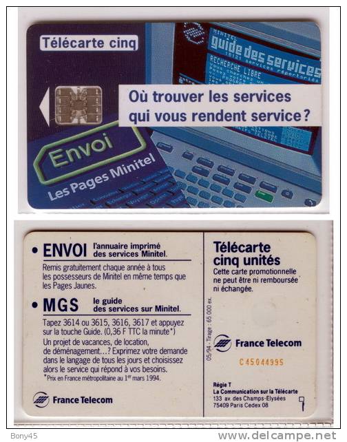 FRANCE - Gn 31 - ENVOI Les Pages Minitel - 5 Unités - Puce SC7 - 05/94 - EC - N° Rouge - 5 Units