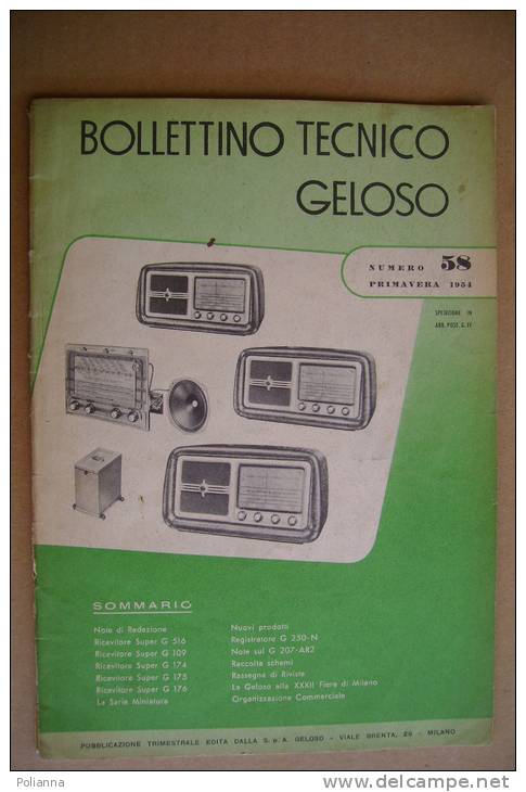 PBF/16 BOLLETTINO TECNICO GELOSO 1954/RADIO RICEVITORI/REGISTRATORI - Literatuur & Schema's