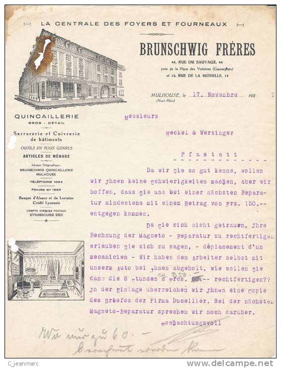 FACTURE 1922  BRUNSCHWIG CENTRALE DES FOYERS ET FOURNEAUX QUINCAILLERIE MULHOUSE - Chemist's (drugstore) & Perfumery