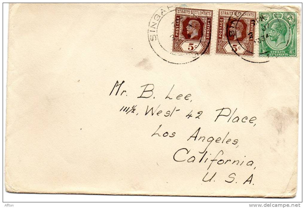 Singapore 1933 Cover To USA - Straits Settlements