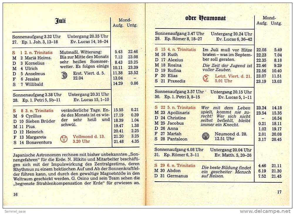Eutiner Klenner Für Das Jahr Christi 1984 , Kalenderdarium Mit Mondauf- Und Untergangszeiten , Mondphasen - Calendars