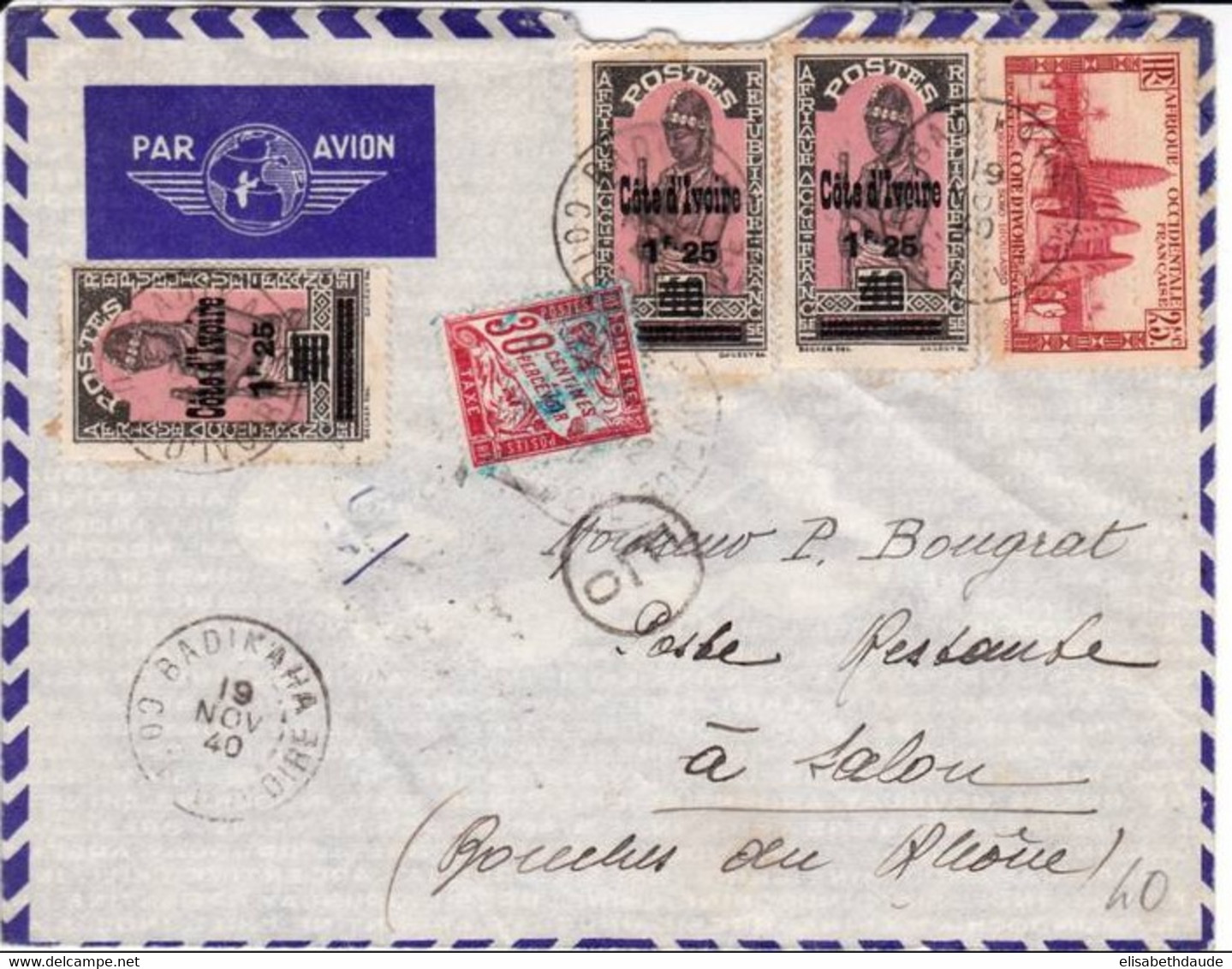 COTE D'IVOIRE - 1940 - ENVELOPPE Par AVION De BADIKAHA Pour SALON De PROVENCE Avec CENSURE COMMISSION E0 RARE + TAXE - Covers & Documents