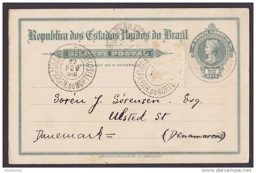 Brazil (Uprated) Postal Stationery Ganzsache Entier PARAHBYBA Do NORTE 1910 To ULSTED Denmark (2 Scans) - Interi Postali