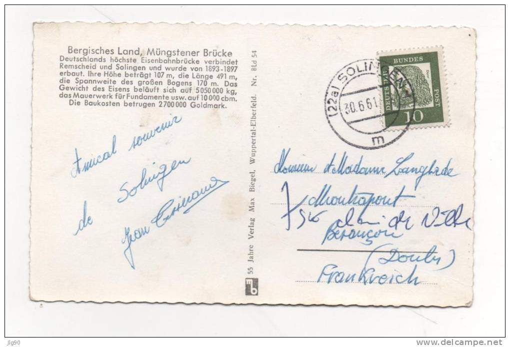CP Bergisches Land Mungstener Brucke De SOLINGEN Pour BESANCON (FRANCE) Du 30/06/61 - Solingen