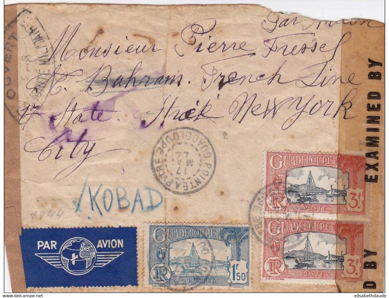 GUADELOUPE - 1944 - ENVELOPPE Par AVION De POINTE A PITRE Pour NEW YORK (USA) Avec 2 CENSURES - Lettres & Documents