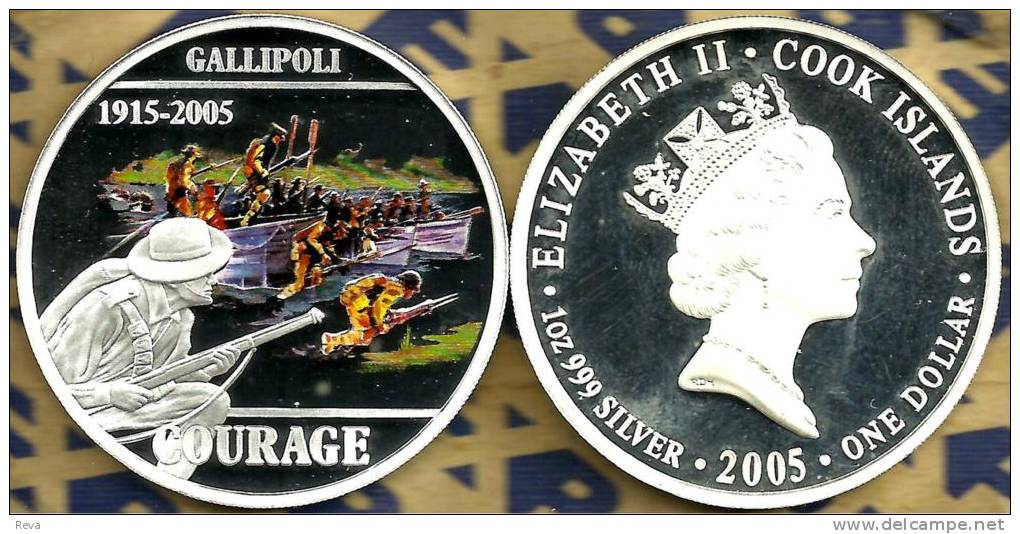 COOK ISLANDS $1 GALLIPOLI TURKEY SHIP WWI COLOURED FRONT QEII BACK 2005 SILVER PROOF READ DESCRIPTION CAREFULLY !!! - Isole Cook