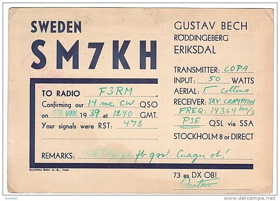 CARTE RADIO QSL - SUEDE - RODDINGEBERG - ERIKSDAL - 1939. - Radio Amatoriale