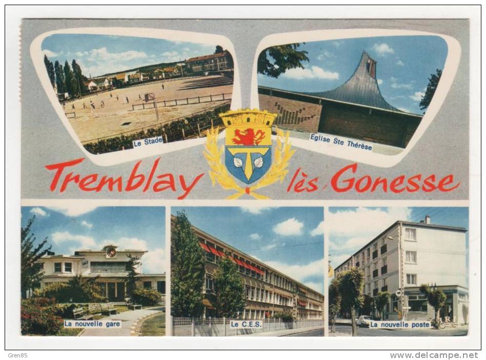 CPSM MULTIVUES TREMBLAY LES GONESSE, TREMBLAY EN FRANCE, LE STADE, EGLISE, GARE, POSTE, C.E.S, CES, SEINE SAINT DENIS 93 - Tremblay En France