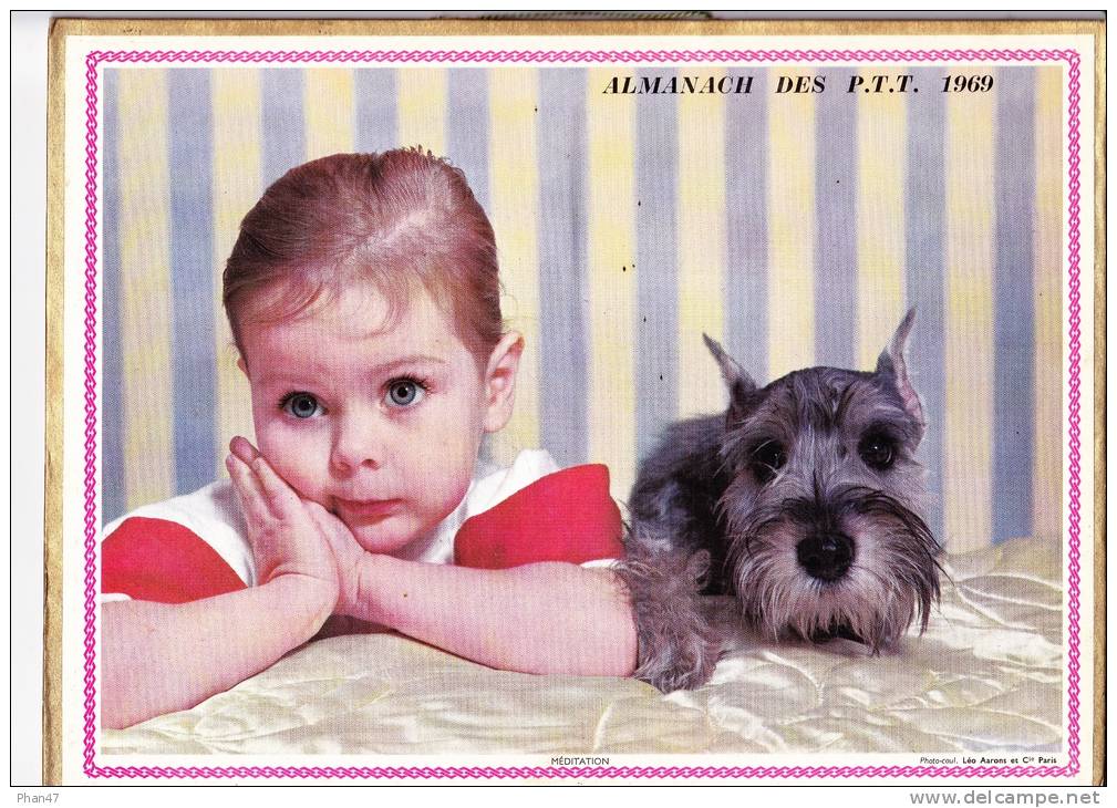 Almanach Des PTT 1969  "sur Le Qui-vive / Méditation" Chatons, Petite, Fille, Chien, OLLER - Grossformat : 1961-70