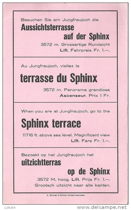 Faltprospekt  "Wengernalp- Und Jungfraubahn"  (mit Werbezettel Sphinx)       1940 - Turismo