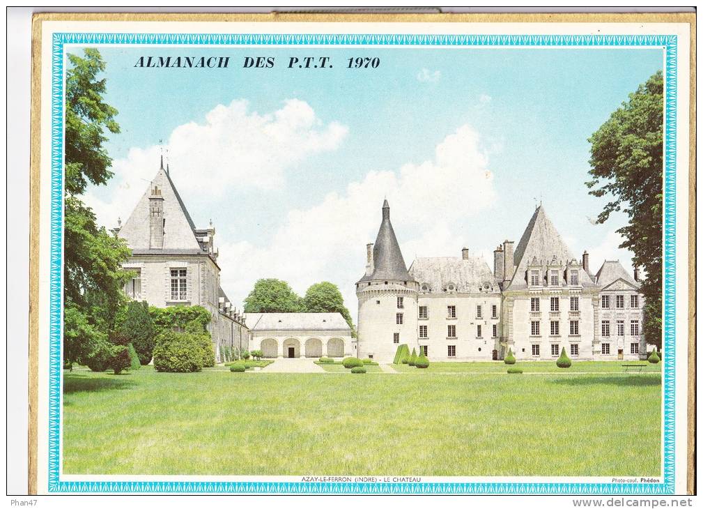 Almanach Des PTT 1970  "Azay-le Ferron (Indre) Le Château / Pâturage Devant La Saulire (Savoie)" Vaches, Berger,  OLLER - Groot Formaat: 1961-70