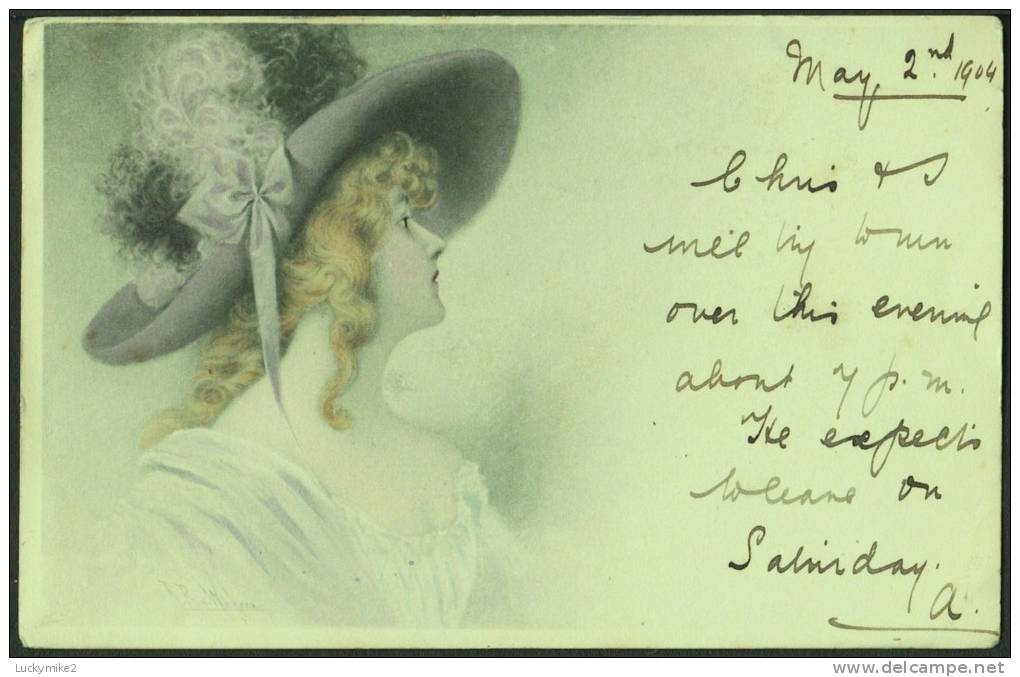 A Young Woman Illustrated By  'R R Wichera',   Posted 1904  ("HOYLAKE / BIRKENHEAD" Cds).   (hat)      G-265 - Wichera