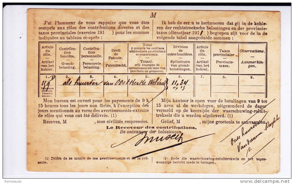 BELGIQUE - 1912 - CARTE PSEUDO ENTIER POSTAL De SERVICE De ALVERINGHEM - Other & Unclassified