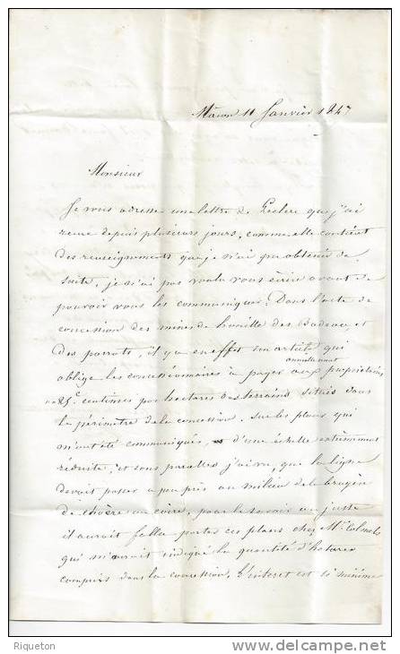 SAONE ET LOIRE -LETTRE DE MACON DU 11 /01/1847 ,EN PORT DU A 3 DECIMES ,POUR LYON . - 1801-1848: Précurseurs XIX