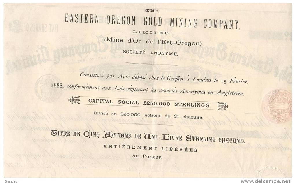 ACTION - U.S.A. OREGON - MINE D'OR  - 1890. - Mines