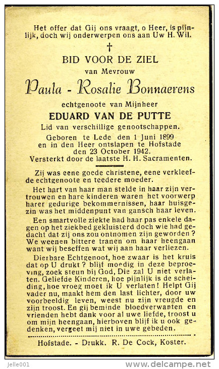 Doodsprentje Paula-Rosalie Bonnaerens ° Lede 1899 En + Hofstade 23 Oktober 1942 - Religione & Esoterismo
