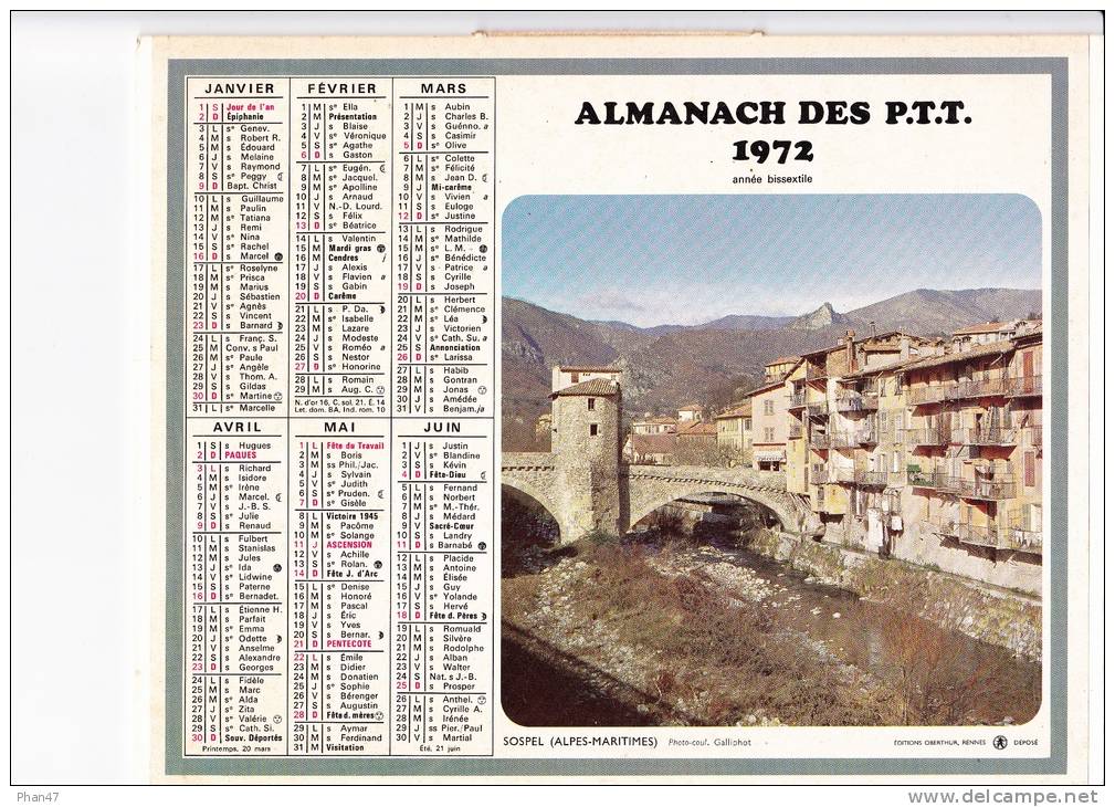 Almanach Des PTT 1972  "Sospel (Alpes-Maritimes) / Colmar (Bas-Rhin)"  Pont, Rivière, Barque, Alsace, OBERTHUR - Big : 1971-80