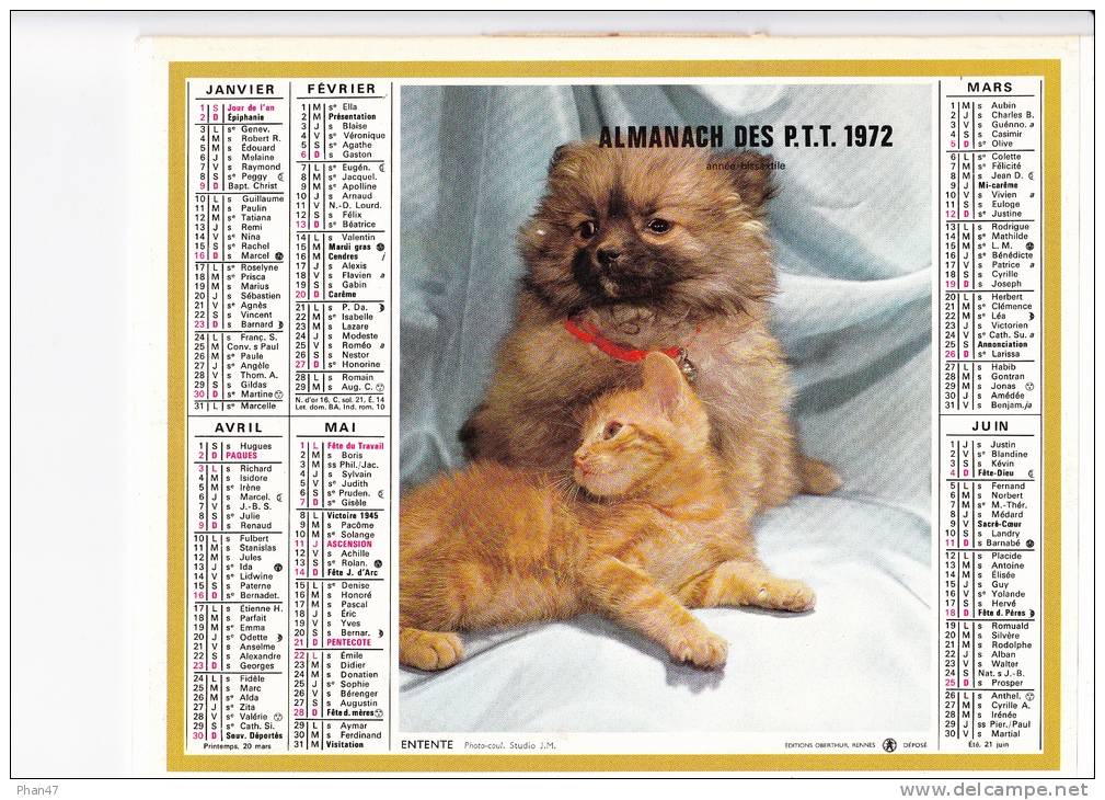 Almanach Des PTT 1972  "entente / Calineries" Chat, Chien Terrier, Malle, Ruban, Panier OBERTHUR - Grand Format : 1971-80