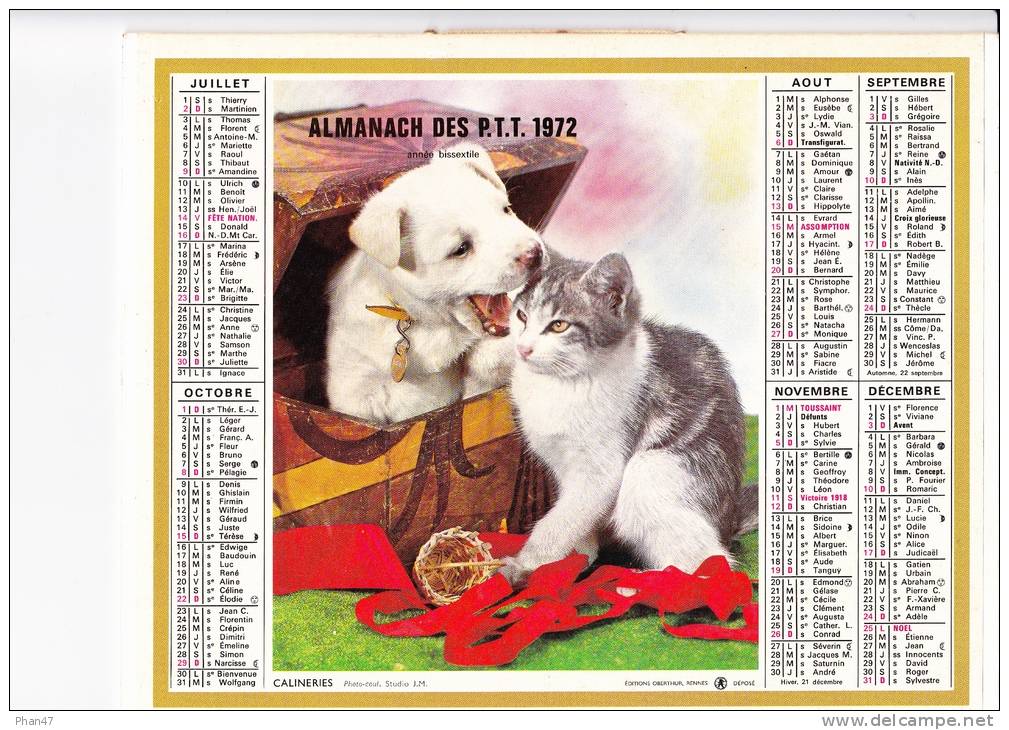 Almanach Des PTT 1972  "entente / Calineries" Chat, Chien Terrier, Malle, Ruban, Panier OBERTHUR - Grand Format : 1971-80