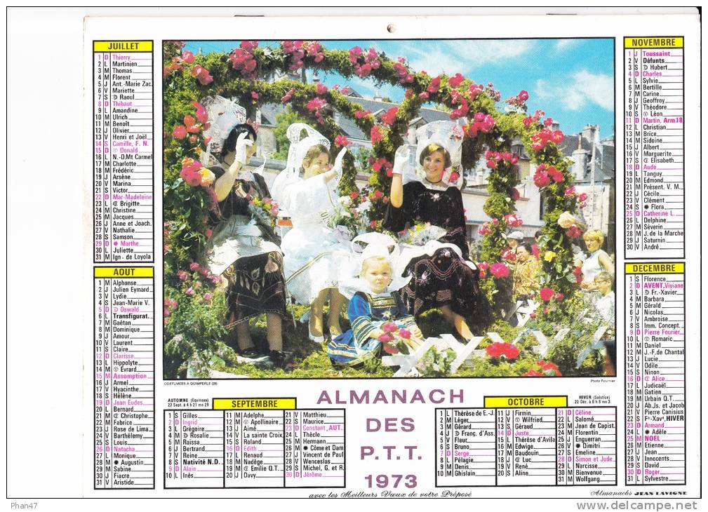 Almanach Des PTT 1973  "Saint-Germain De Livet (Normandie) / Costumes à Quimperlé (Finistère)" Coiffes   JEAN LAVIGNE - Grand Format : 1971-80