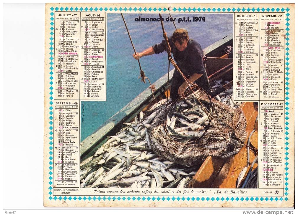 Almanach Des PTT 1974  "Pêche En Rivière / Pêche En Mer"  Pêcheur, Poisson (maquereau), Barque, Filet, Moulinet OBERTHUR - Big : 1971-80