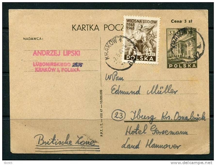 Poland 1948  PSC/Card  UPR Krakow To  Hannover British  Occupation Zone In Germany - Covers & Documents