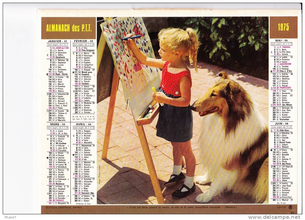 Almanach Des PTT 1975  "petite Fille Et Collet / Petite Fille Et Peluche" Chien, Nounours, Peinture   OBERTHUR - Formato Grande : 1971-80