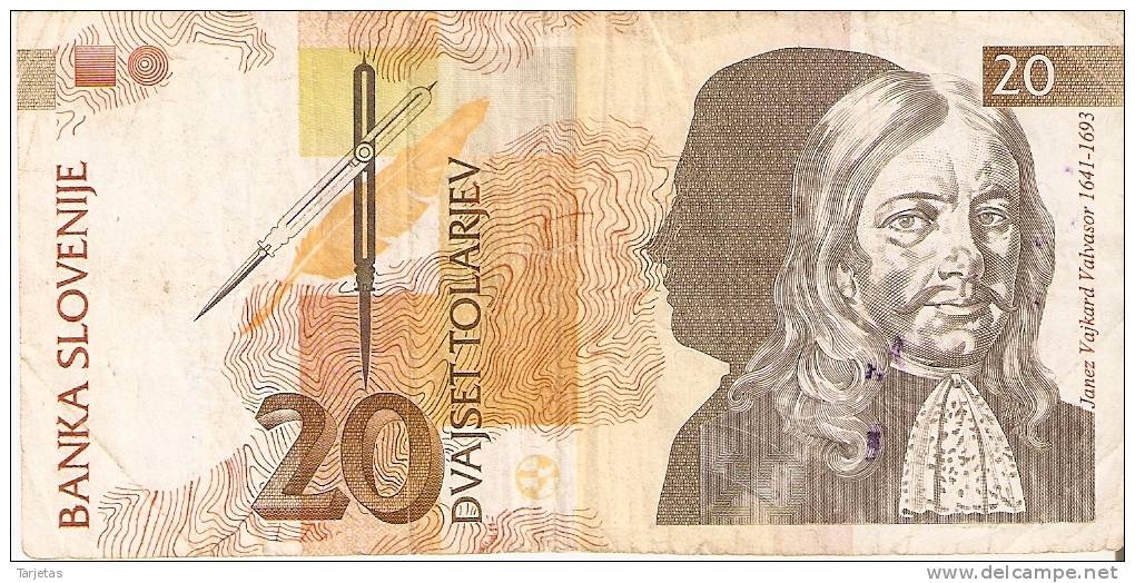 BILLETE DE ESLOVENIA DE 20 TOLARJEV DEL AÑO 1992 SERIE JF  (BANKNOTE) - Eslovenia